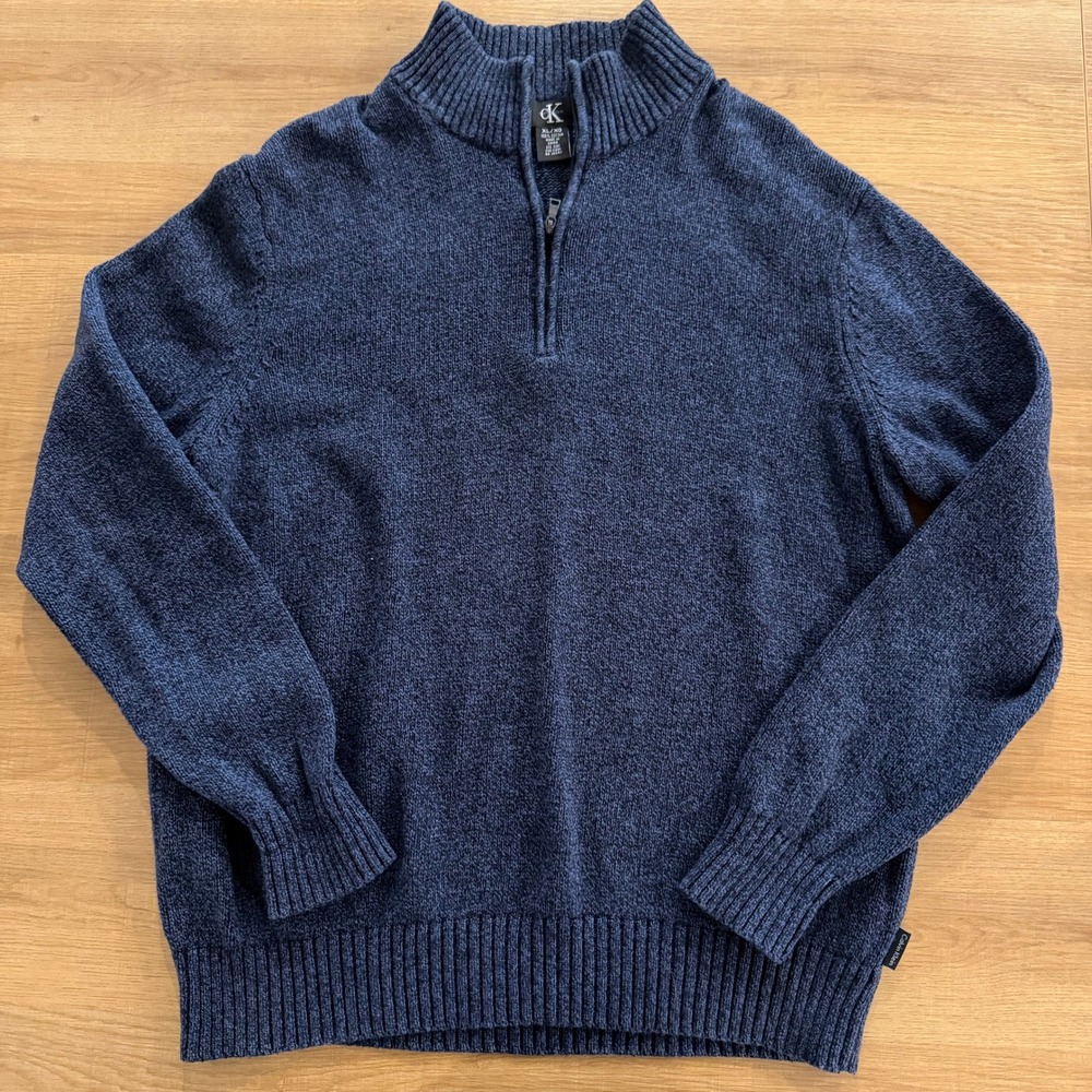 Calvin Klein Mens Quarter Zip Sweater Navy Blue Cotton Marl Knit XL Mock Neck